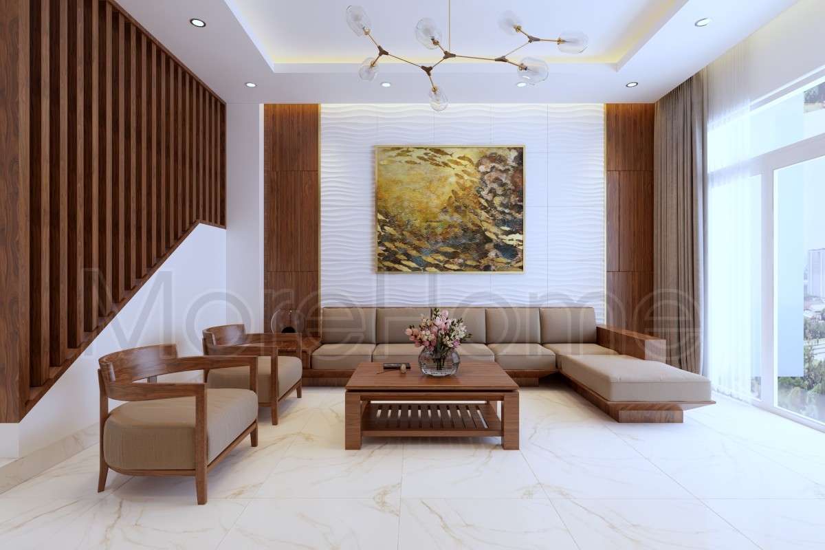 Thiết kế nhà phố với nội thất gỗ tự nhiên cao cấp cho phòng khách trở lên sang trọng và gần gủi với thiên nhiên