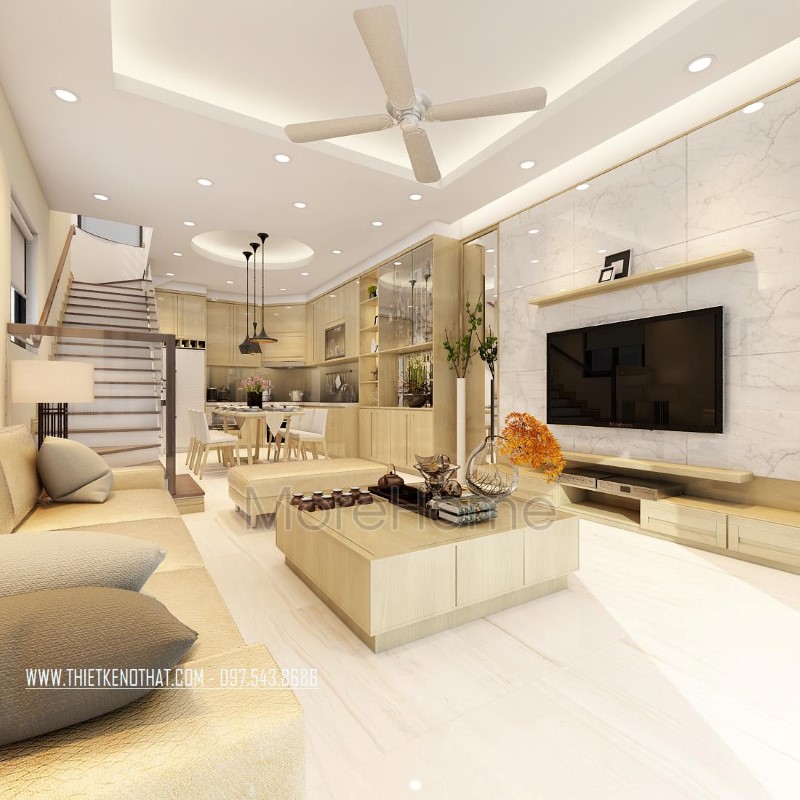 Nội thất phòng khách với tông màu pastal nhẹ nhàng từ gỗ tạo cảm giác dễ chịu và sự tinh tế trong không gian phòng được thoáng rộng hơn.