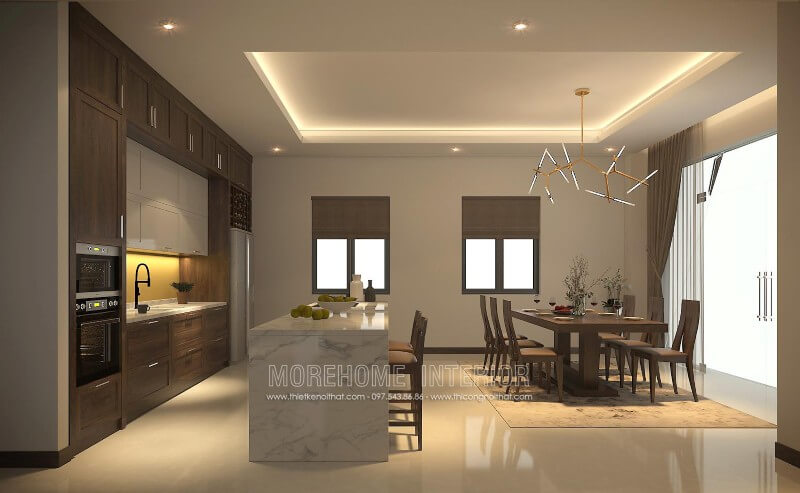 Thiết kế tủ bếp gỗ óc chó kết hợp Acrylic với gam màu lạ mắt là sự lựa chọn lý tưởng cho các không gian nhà bếp mà vẫn toát lên vẻ sang trọng, đẳng cấp Tủ bếp màu trắng và màu nâu đẹp
