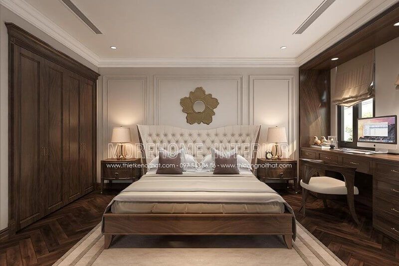 Thiết kế giường ngủ chung cư, biệt thự tân cổ điển đầy ấn tượng, phần chân giường dạng thấp vừa tạo độ chắc chắn, vừa giúp cho gia chủ thuận tiện hơn cho việc di chuyển, sử dụng