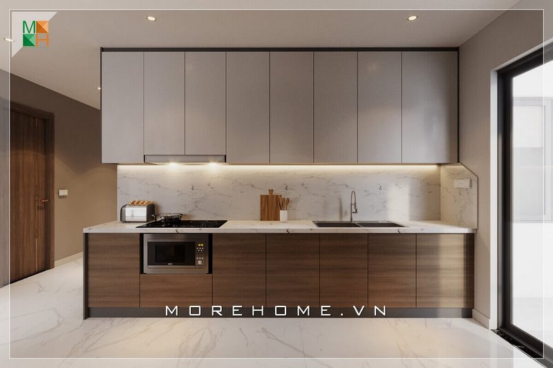 Mẫu thiết kế tủ bếp ốp mặt và ốp tường bằng đá nhân tạo vân mây cao cấp, vừa dễ dàng vệ sinh vừa mang lại vẻ đẹp cao cấp sang trọng cho không gian phòng bếp