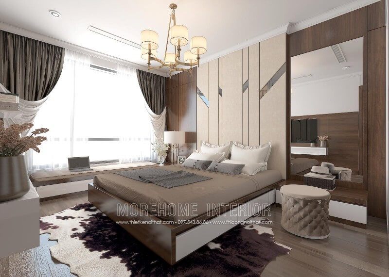 Giường ngủ gỗ công nghiệp vừa đẹp mắt vừa bền bỉ. Vân gỗ trên giường được liên kết với các nội thất xung quanh để tạo nên một khối thống nhất hoàn mĩ