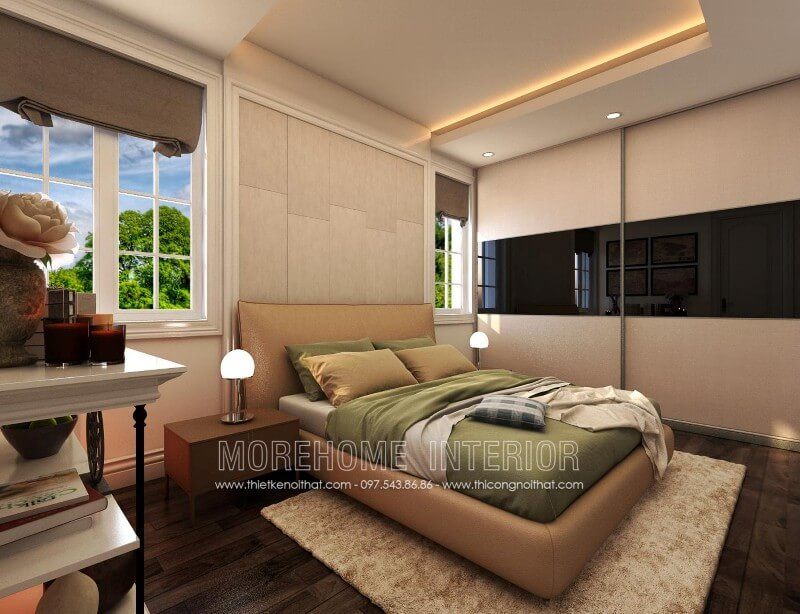 Giường ngủ biệt thự kiểu dáng hiện đại, tone màu nâu trầm nhẹ nhàng tạo nên cảm giác ấm áp và thoải mái cho người nằm