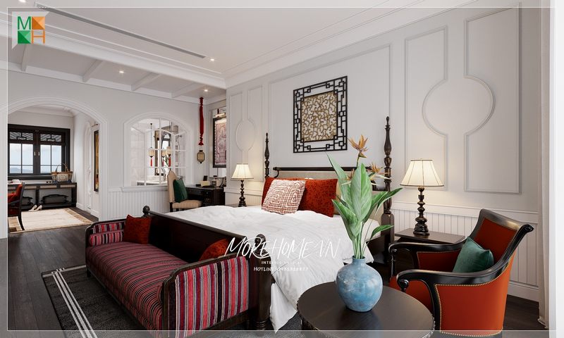 Mẫu giường ngủ bằng gỗ tự nhiên sơn đen phong cách Indochine cho phòng ngủ chung cư, nhà phố, biệt thự