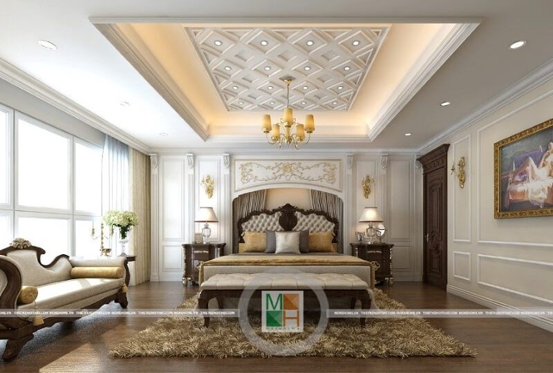 Tông màu vàng kim được sử dụng trong thiết kế nội thất phòng ngủ chung cư Mandarin kết hợp với phong cách tân cổ điển để tạo nên một cảnh quan đẹp và lôi cuốn mọi ánh nhìn.
